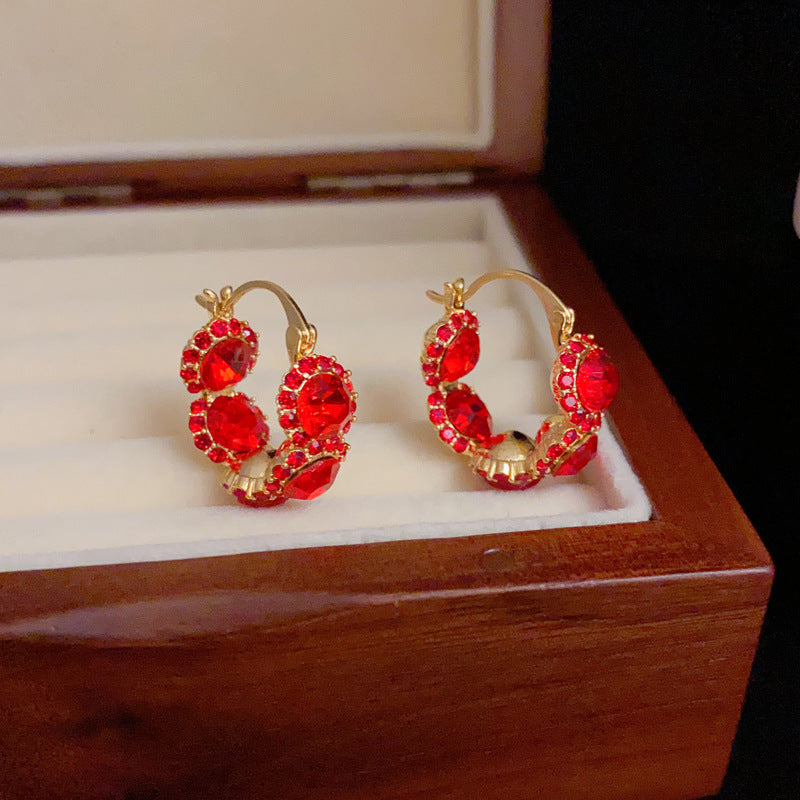 14K Gold-Plated Red Zircon Hoop Earrings - Elegant Minimalist Design