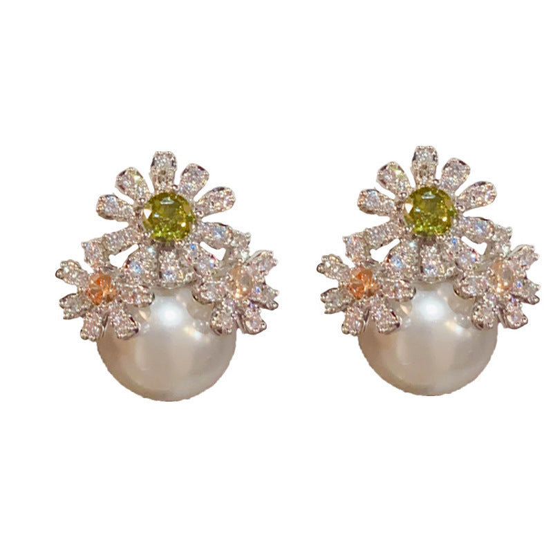 14K Gold-Plated Zirkon 3D Flower Pearl Stud Earrings -Floral Design