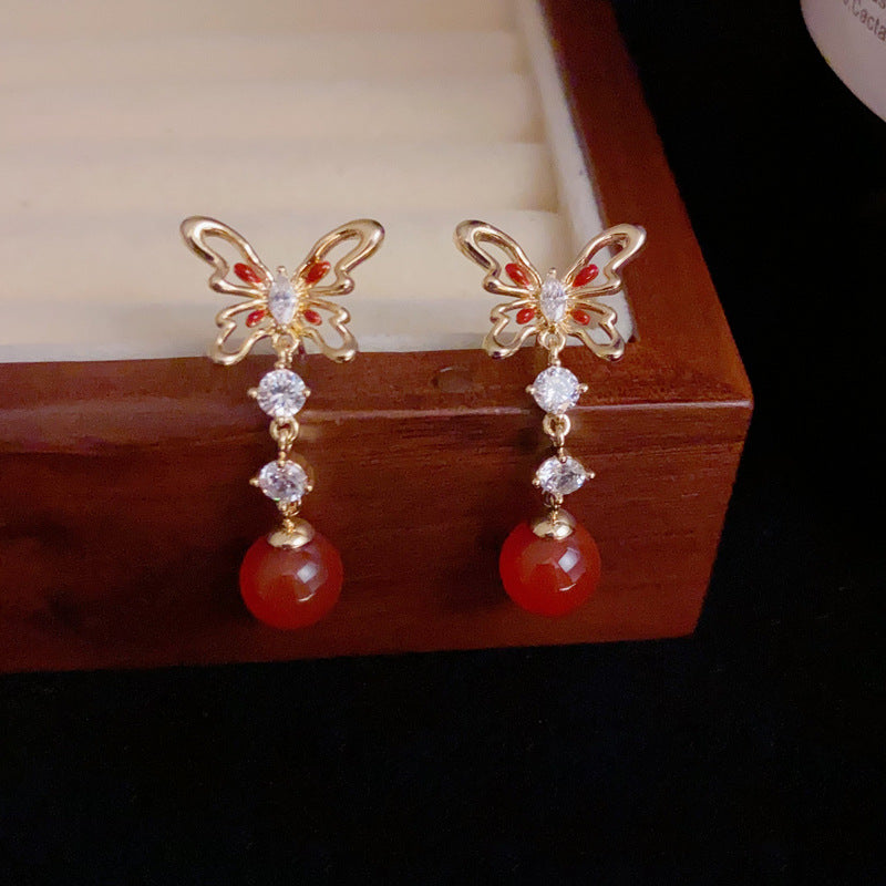 14K Gold-Plated Hollow Butterfly Pearl Drop Earrings -Elegant&Delicate