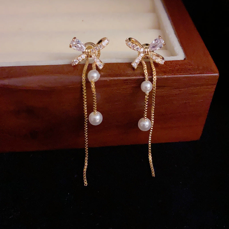 14K Gold-Plated Zircon Butterfly Bow Pearl Tassel Earrings - Long Drop