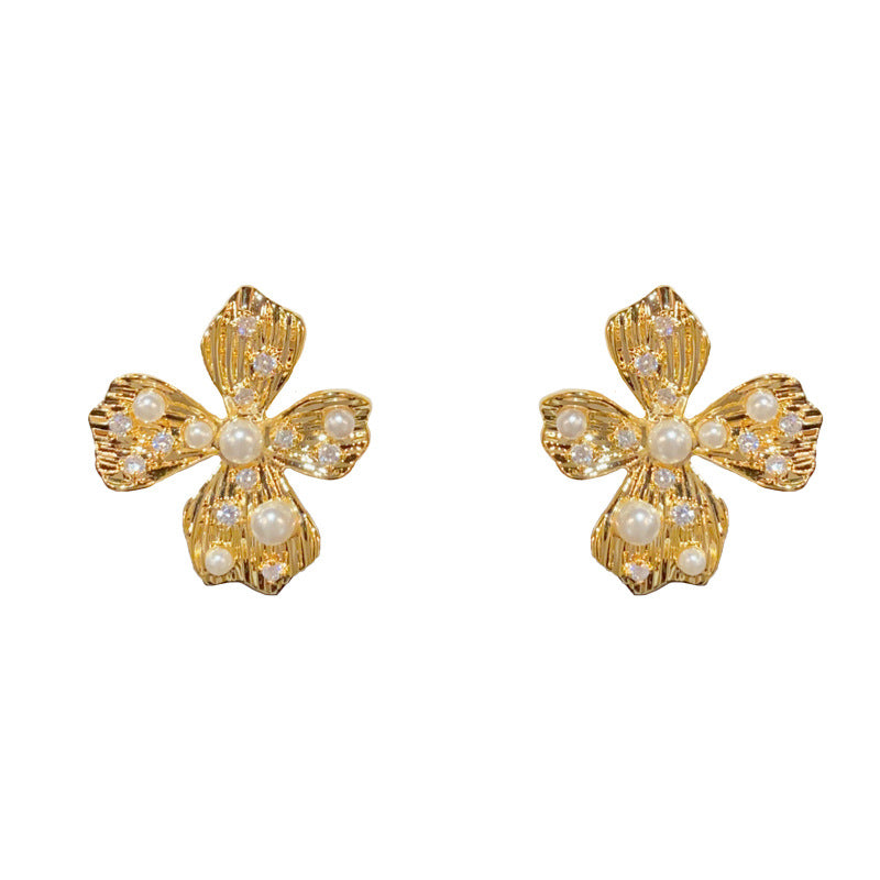 14K Gold-Plated Pearl Flower Earrings - French Vintage Elegance