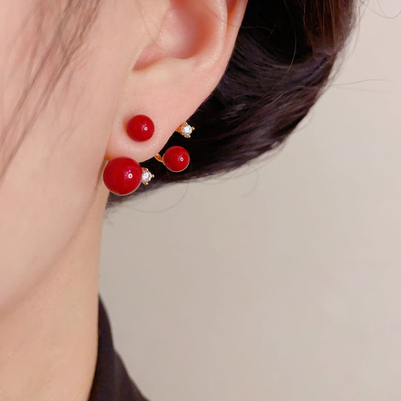 Elegant Red Pearl Zircon Rear-Hang Drop Earrings – Minimalist Design
