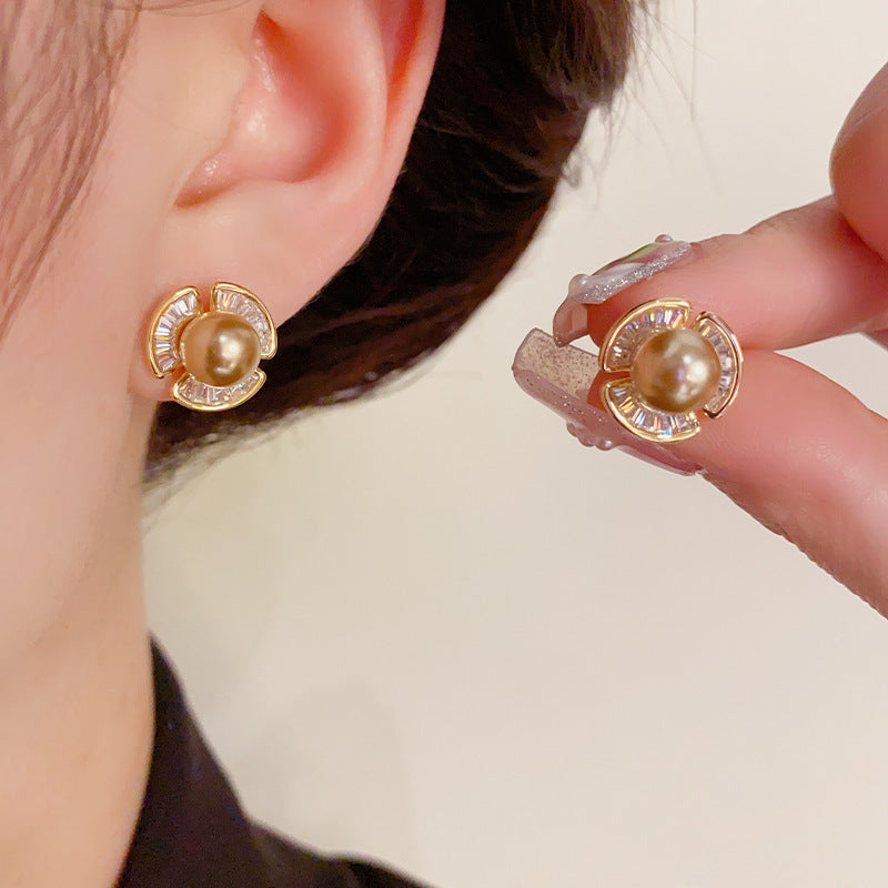 14K Gold-Plated Micro-Paved Zircon Pearl Stud Earrings -Elegant Design