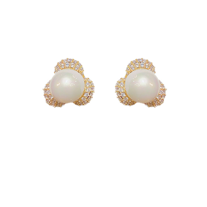 14K Gold-Plated Micro-Paved Flower Pearl Stud Earrings-Elegant Design