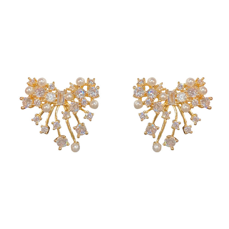 14K Gold-Plated Irregular Zircon Pearl Bow Earrings - Elegant Design