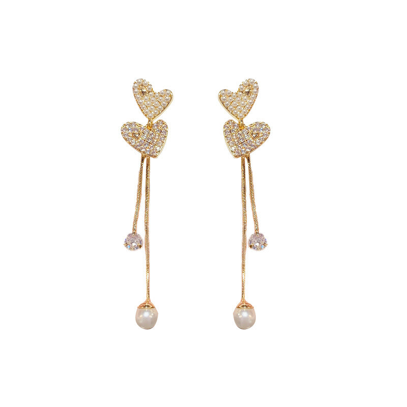 14K Gold Plated Heart Shaped Pearl & Zircon Tassel Earrings - Luxe Minimalist Design