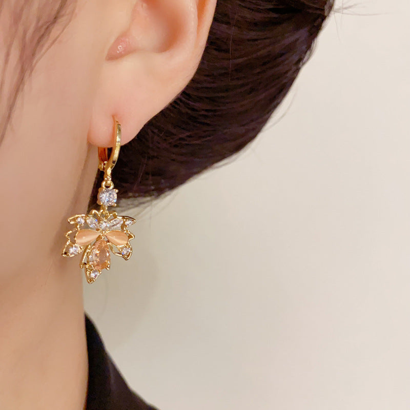 14K Gold-Plated Maple Leaf Tassel Earrings - French Retro Style