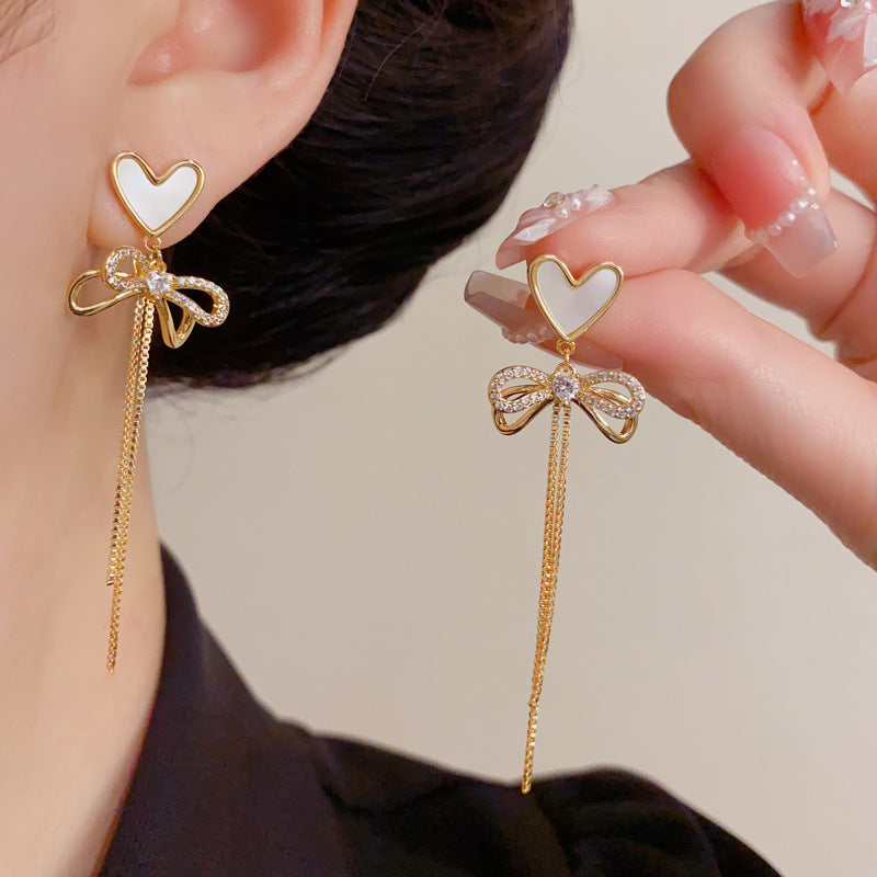 Eaioncol Shell Heart Bow Tassel Drop Earrings Gold Silver