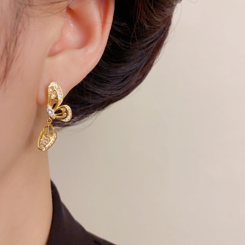 Elegant Full-Zircon Hollow Butterfly Drop Earrings – Minimalist Design