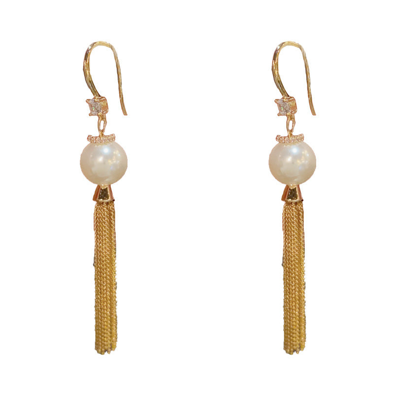 Elegant Zircon Pearl Chain Tassel Drop Earrings – Long Fringe Design