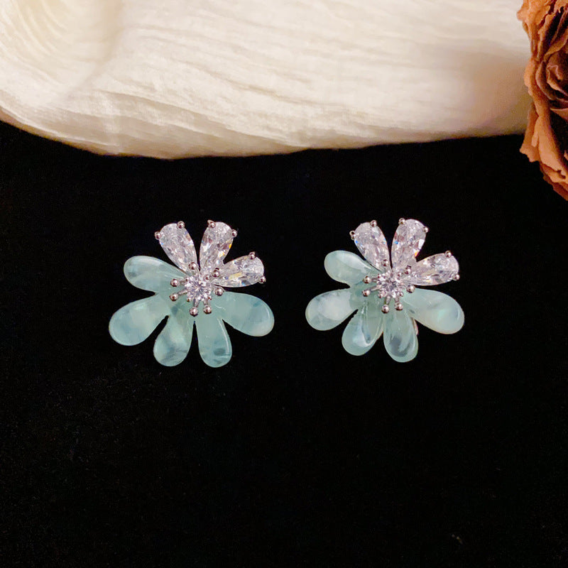 Luxury Zircon Green Petal Stud Sliver Earrings – Elegant Flower Design