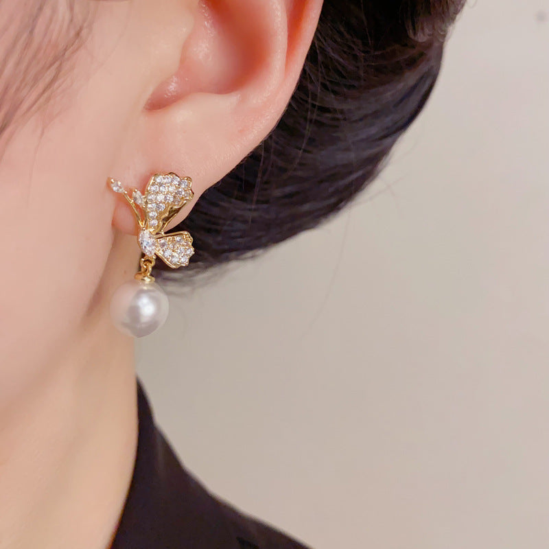 Eaioncol Butterfly Pearl CZ Drop Earrings Gold