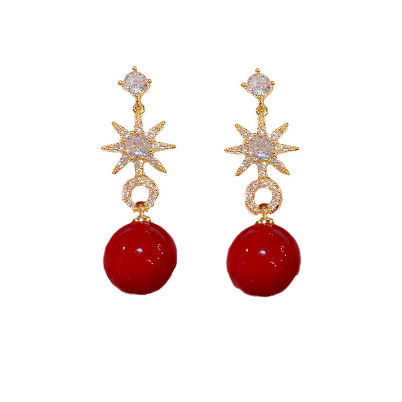 14K Gold-Plated Eight-Point Star Red Pearl Earrings - Elegant Design