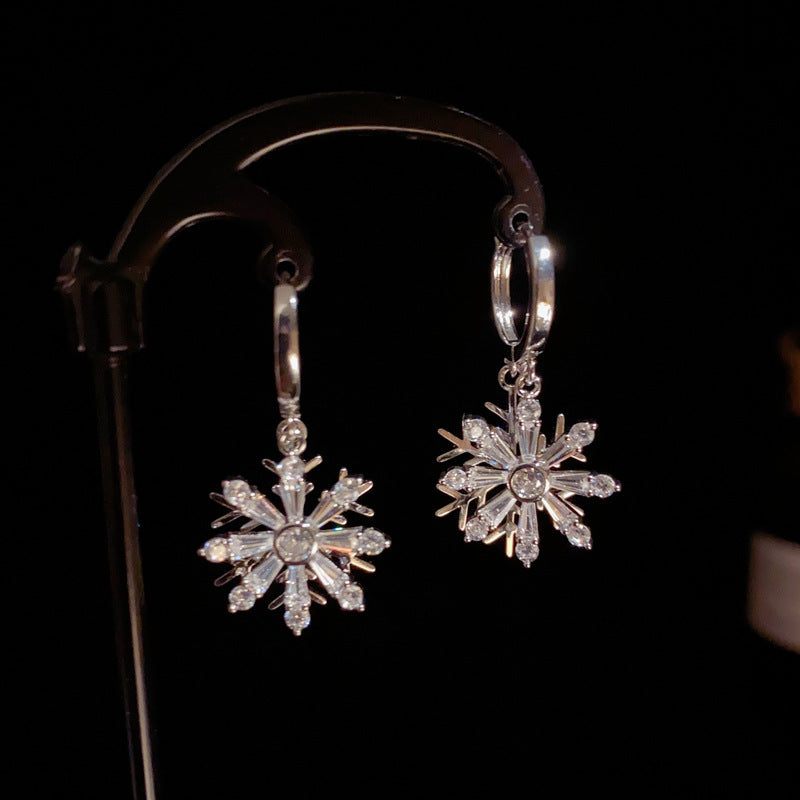 14K Gold-Plated Zircon Double Snowflake Earrings - Festive Elegance