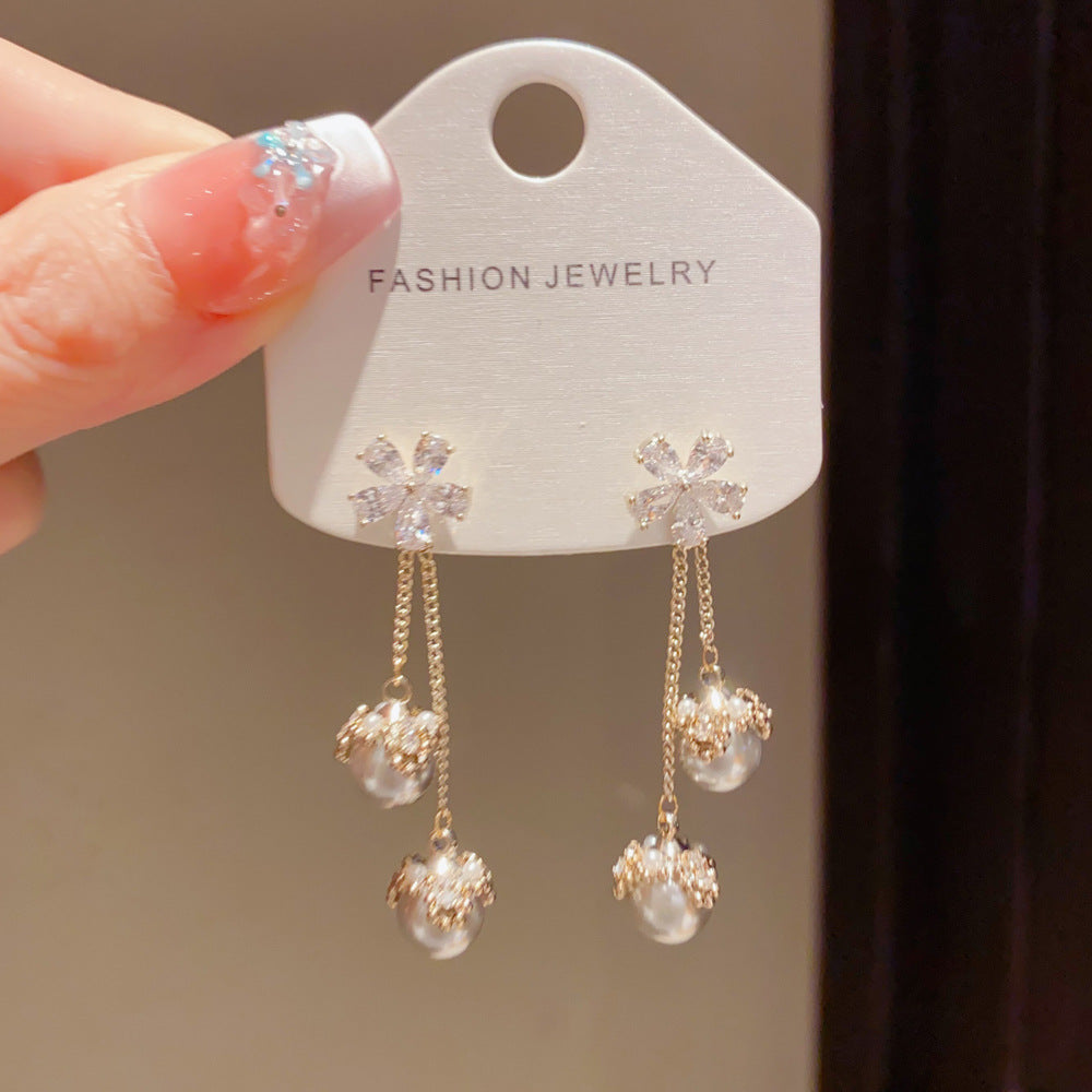 Eaioncol Floral CZ Pearl Tassel Earrings 14K Gold Plated