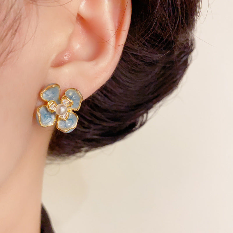 Luxury Enamel Blue Pearl Petal Stud Earrings – Elegant Flower Design