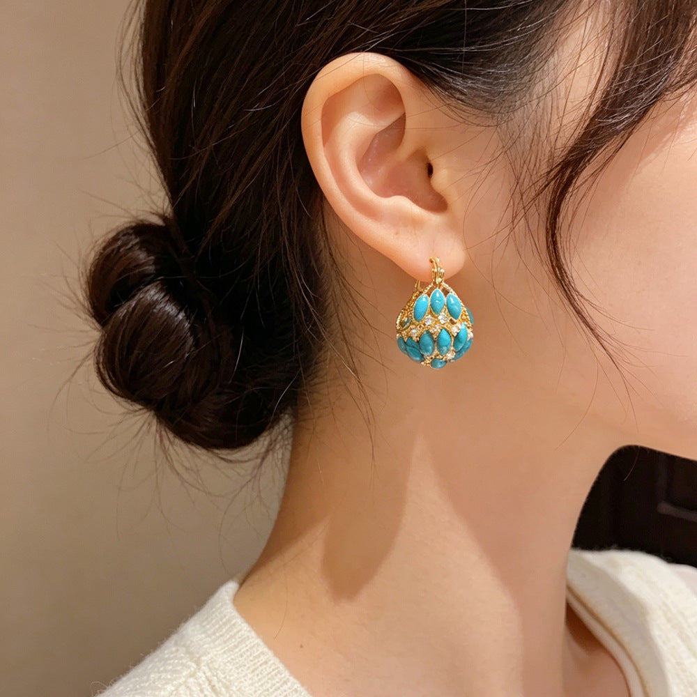 Eaioncol Turquoise Basket Hoop Earrings Gold