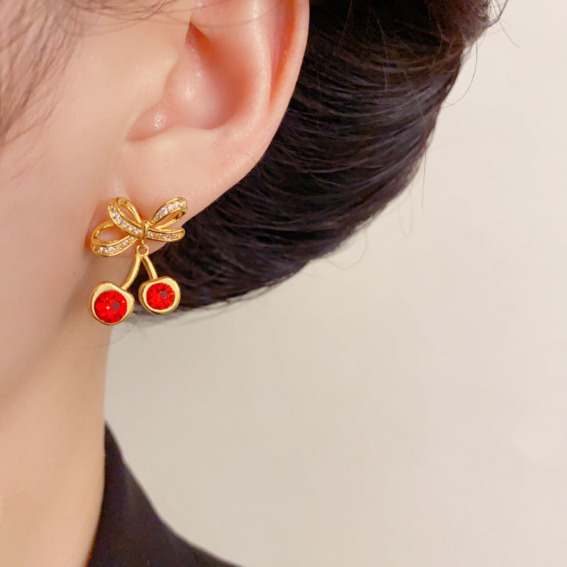 Elegant Zircon Cherry Drop Earrings – Fruit Design