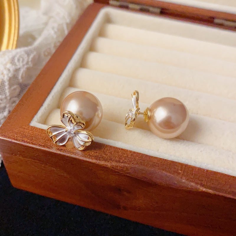 Two-Way Coffee Pearl 3-Leaf Flower Stud Earrings – Elegant Design