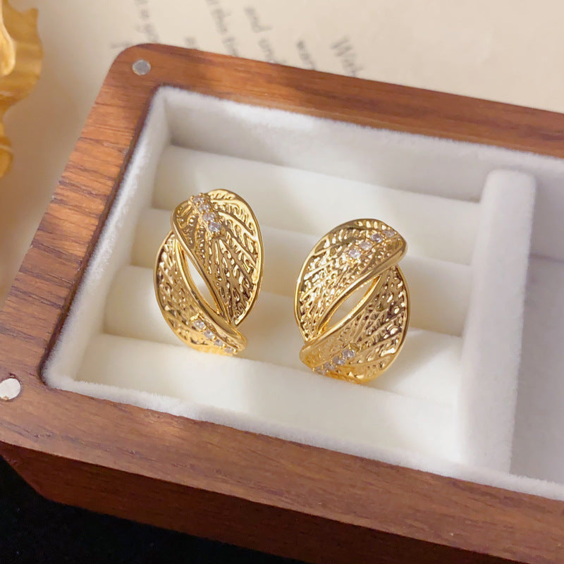 Elegant Zircon Metal Leaf Stud Earrings – Floral Design
