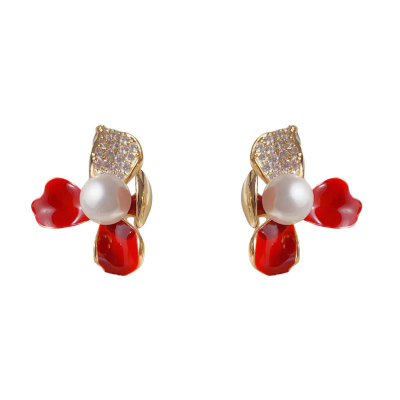 Elegant Zircon Enamel Pearl Petal Stud Earrings – Floral Design