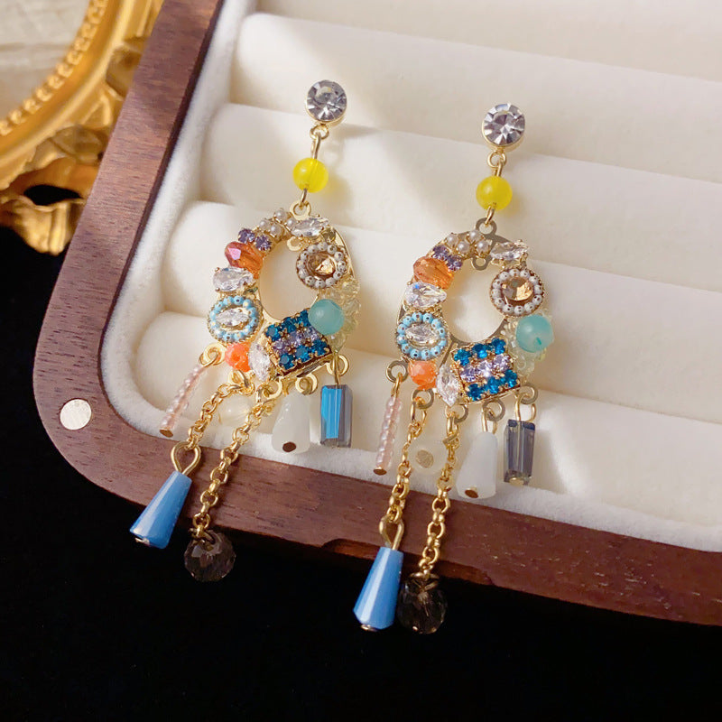 Elegant Beaded Crystal Oval Tassel Earrings – Bohemian Design