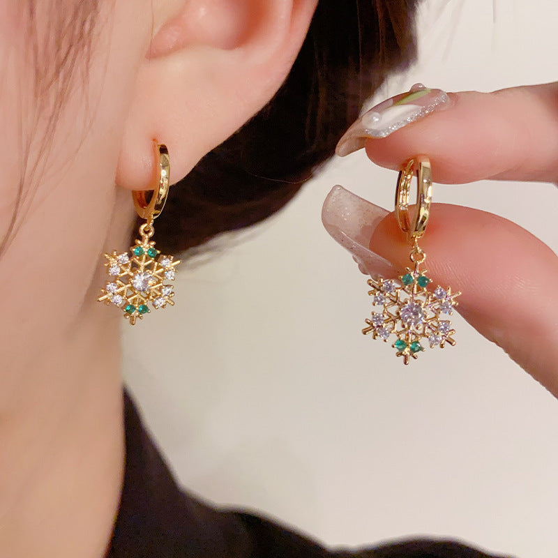 14K Gold-Plated Snowflake Zircon Huggie Earrings - Chirsmas Earrings