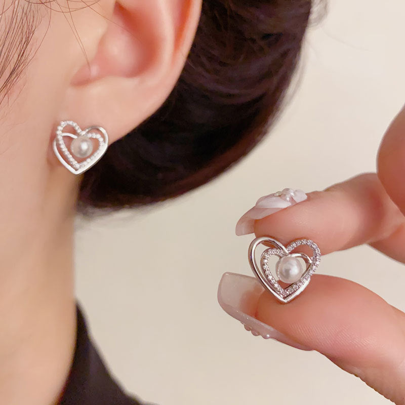 Luxury Zircon Double-Layer Heart Pearl Stud Earrings – Elegant Design