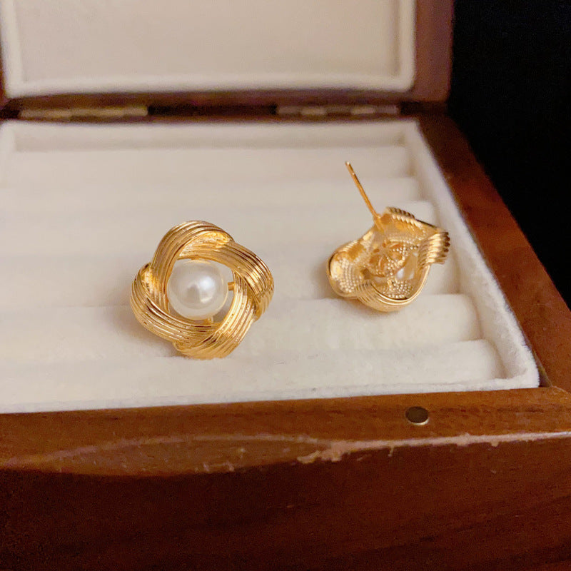 14K Gold Plated Pearl Metal Texture Stud Earrings-Minimalist Floral Design