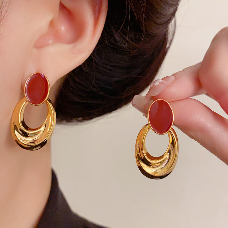 Luxury 18K Red Enamel Oval Drop Earrings – Minimalist Design
