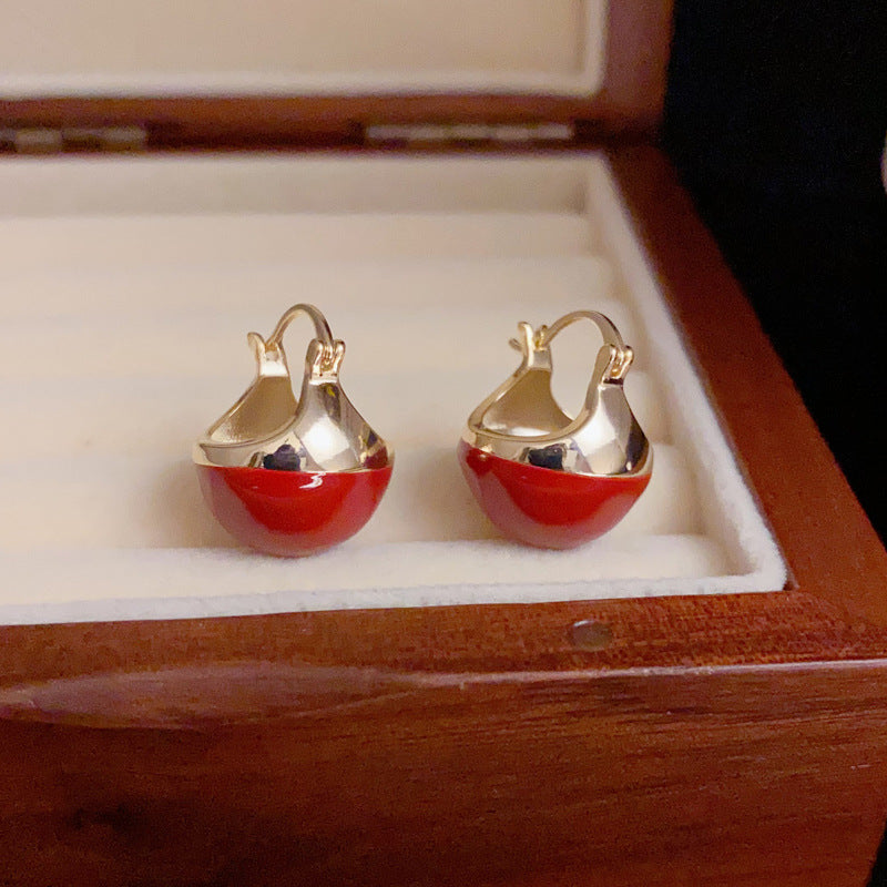 14K Gold-Plated Red Enamel Round Earrings - Chic Minimalist Design