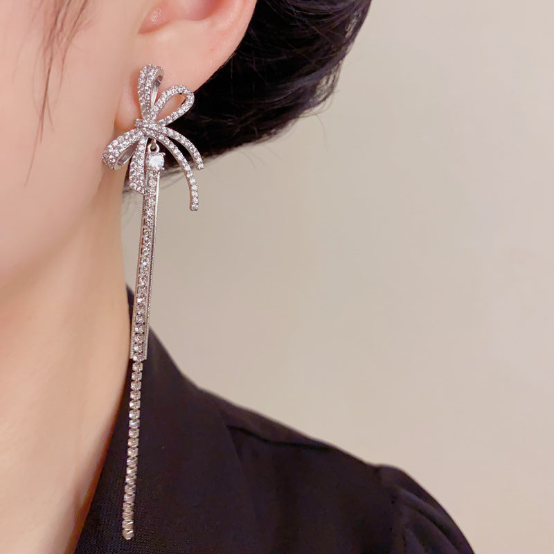 Elegant Zircon Butterfly Bow Tassel Earrings – French Design