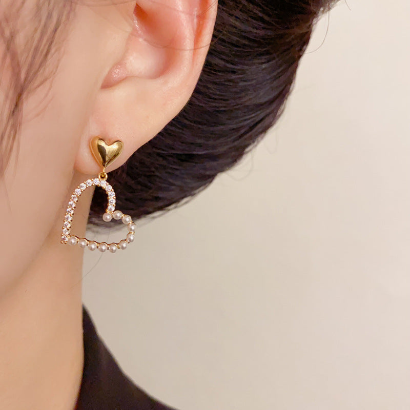 Elegant Zircon Pearl Heart Drop Earrings – French Romantic Design