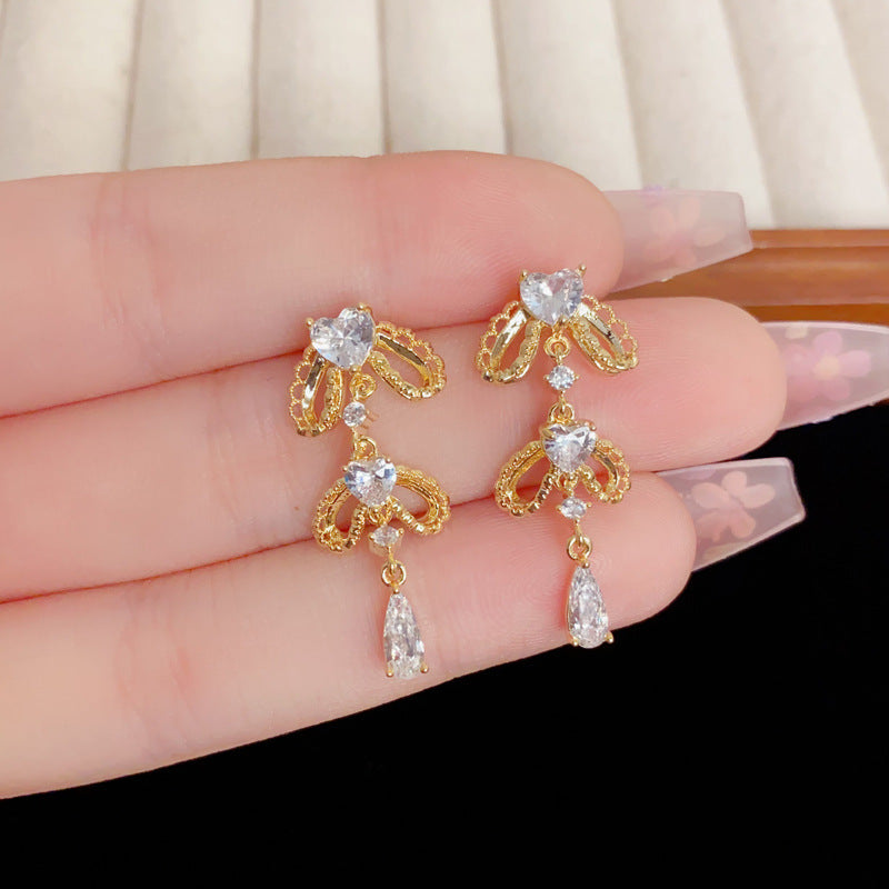 Eaioncol Bow Heart CZ Tassel Drop Earrings Gold Silver