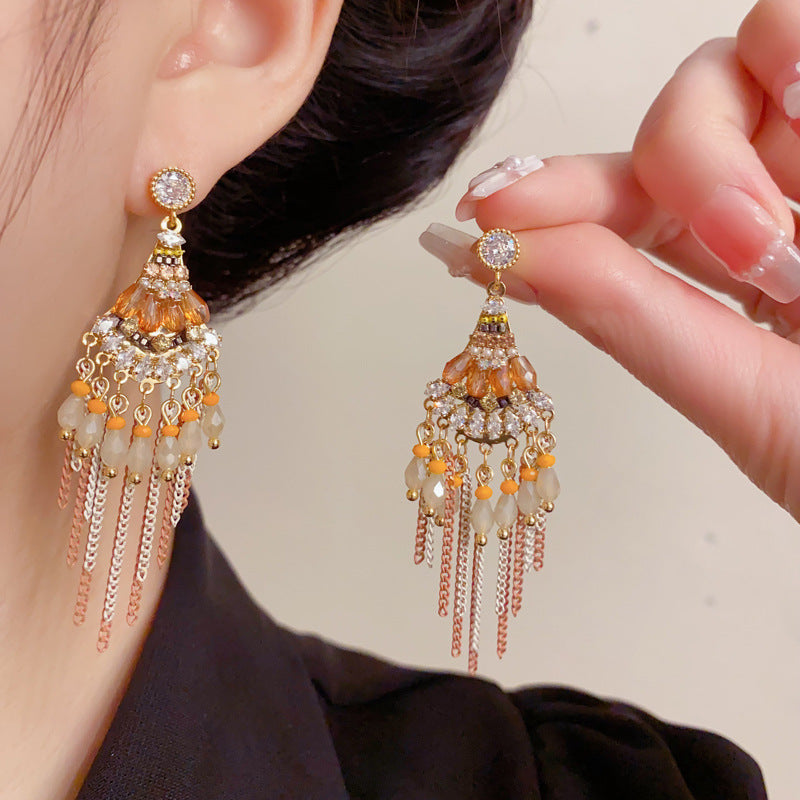 Elegant Beaded Geometric Tassel Drop Earrings – French Retro Design