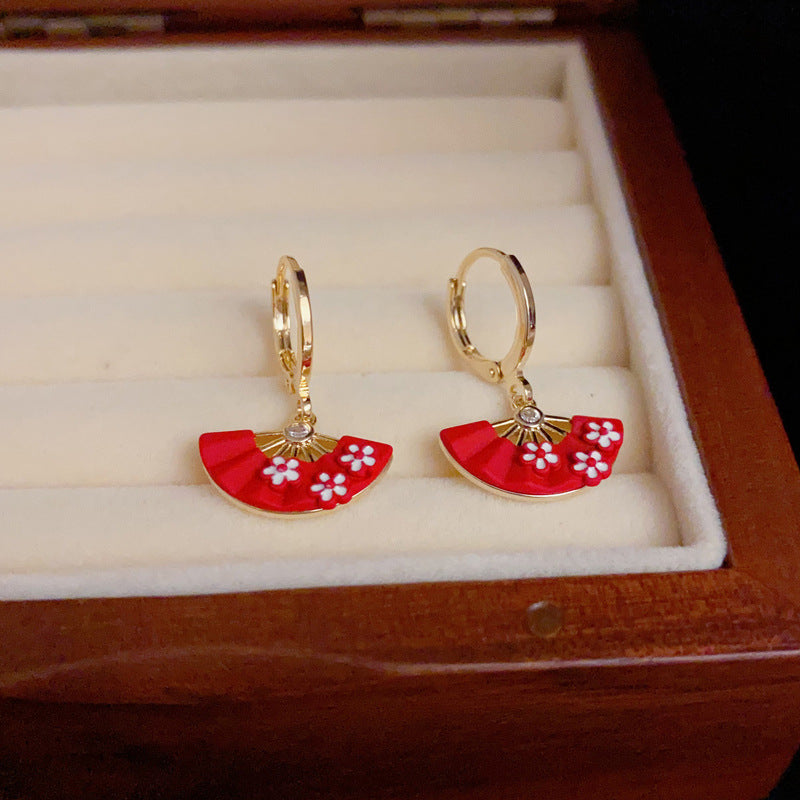 14K Gold-Plated Red Fan Spray Earrings - Chic Japanese Design