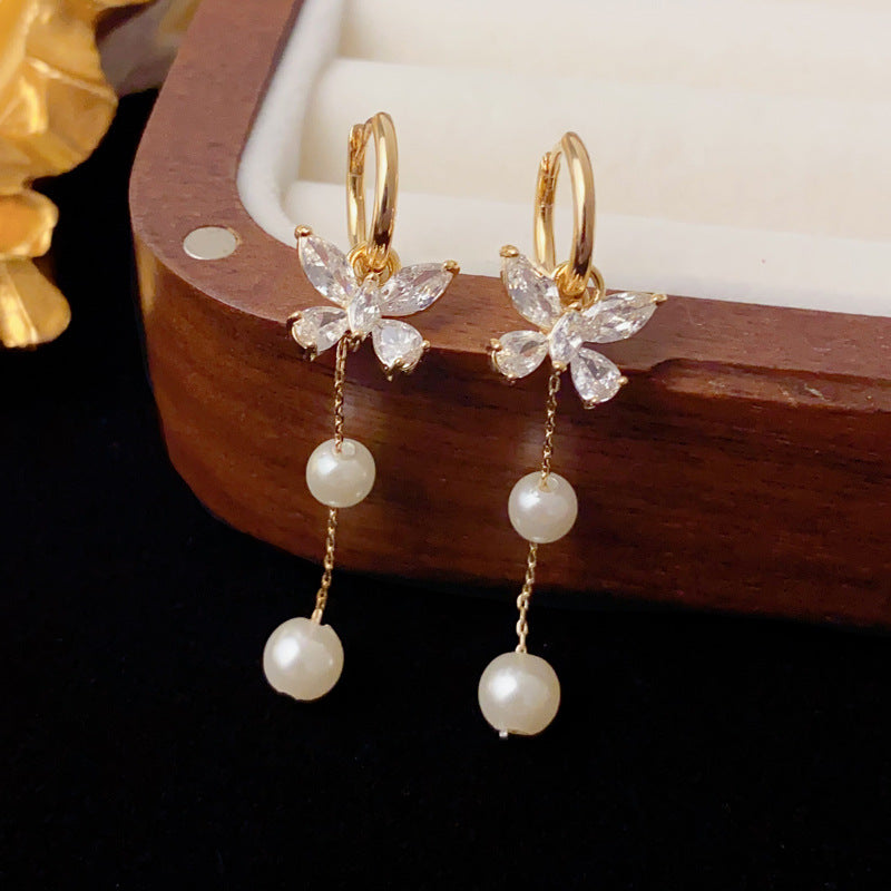 Luxury Zircon Butterfly Pearl Tassel Earrings – Elegant Design