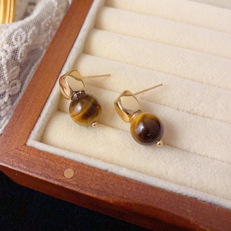 Luxury Square Tiger’s Eye Stud Earrings – Retro Geometric Design