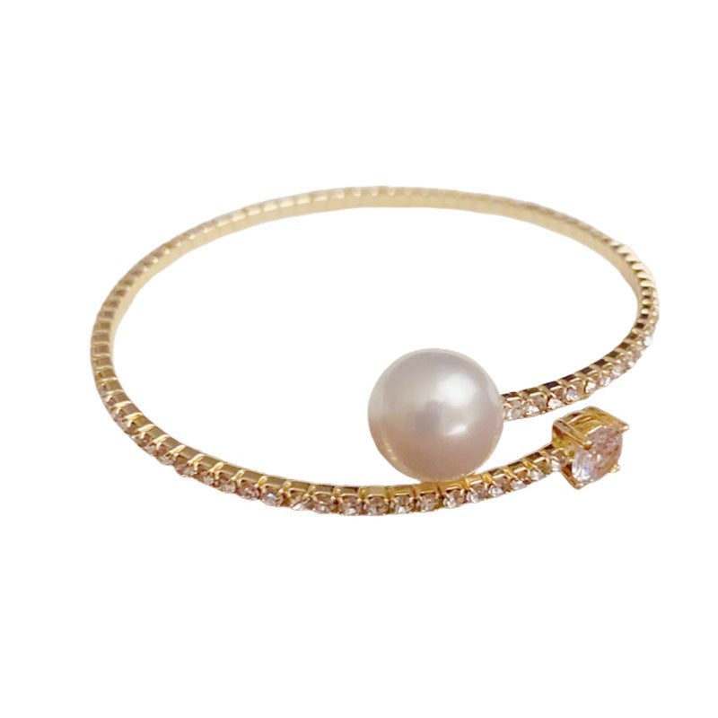 Minimalist Pearl & Rhinestone Open Cuff Bracelet – Adjustable Design