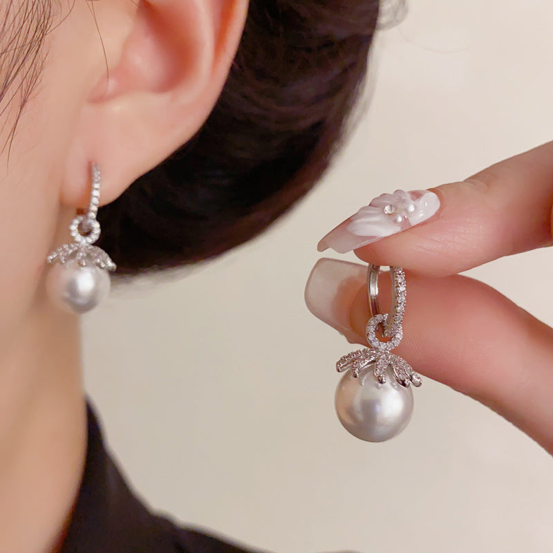 Elegant Dual-Wear Zircon Petal Pearl Earrings – Geometric Design