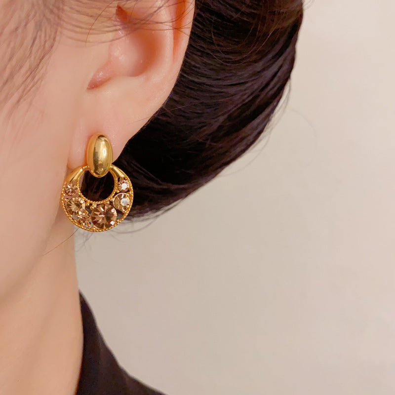 Luxury Full-Zircon Hollow Circle Drop Earrings – French Design