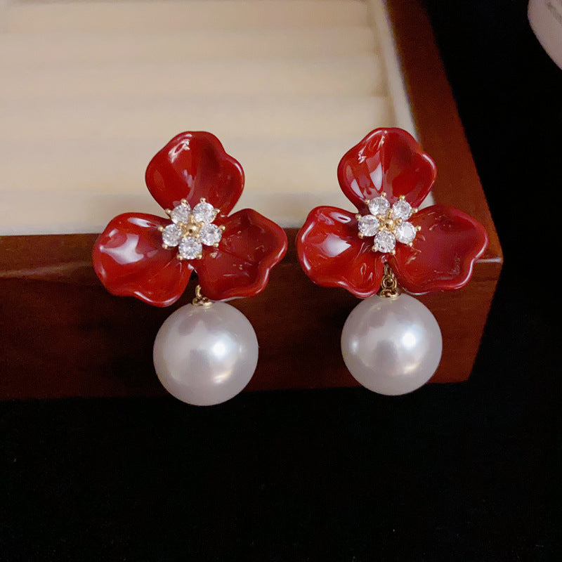 14K Gold-Plated Red Enamel Petal Pearl Drop Earrings - Chic & Elegant