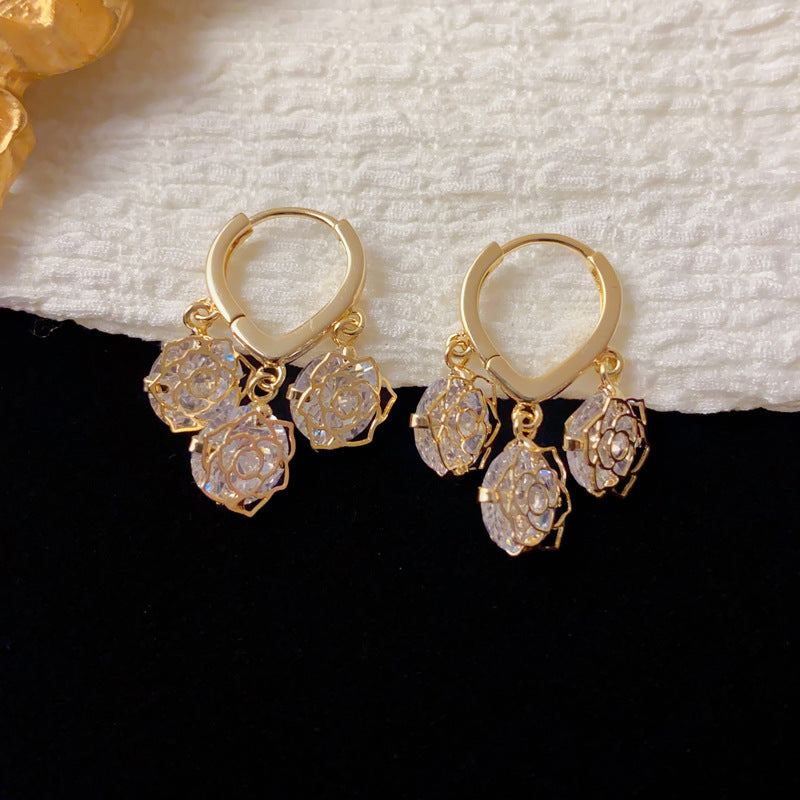 Luxury Full-Zircon Rose Flower Tassel Earrings – Elegant Design