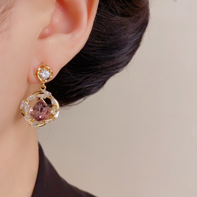 Eaioncol Geometric Zircon Halo Teardrop Drop Earrings Gold