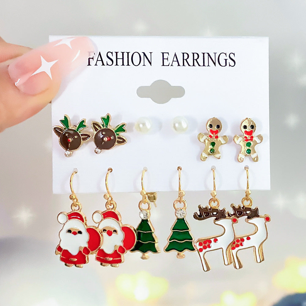 Christmas Earrings Cartoon Ear Stud Set - with Enamel Finish