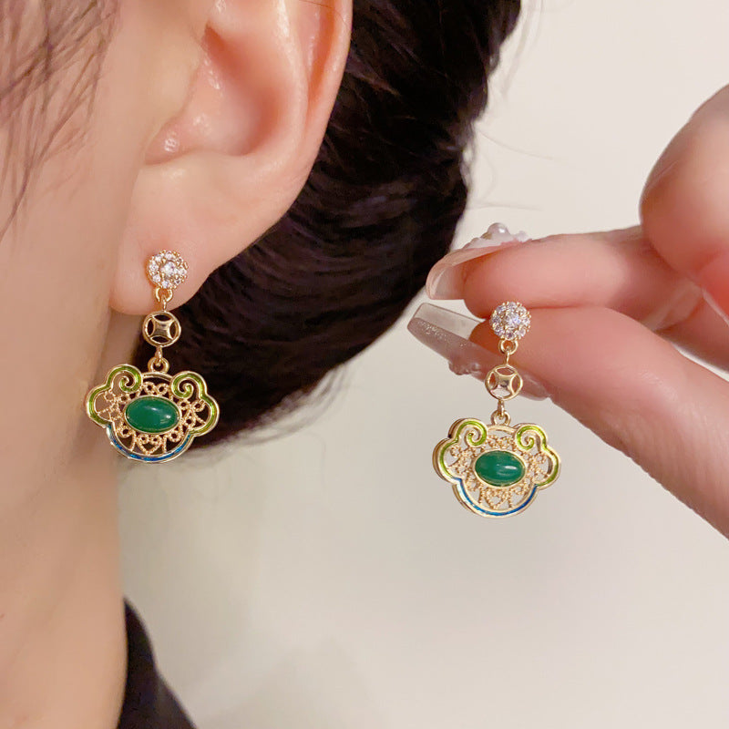 14K Gold-Plated Green Ruyi Tassel Earrings - Chinese-Inspired Design