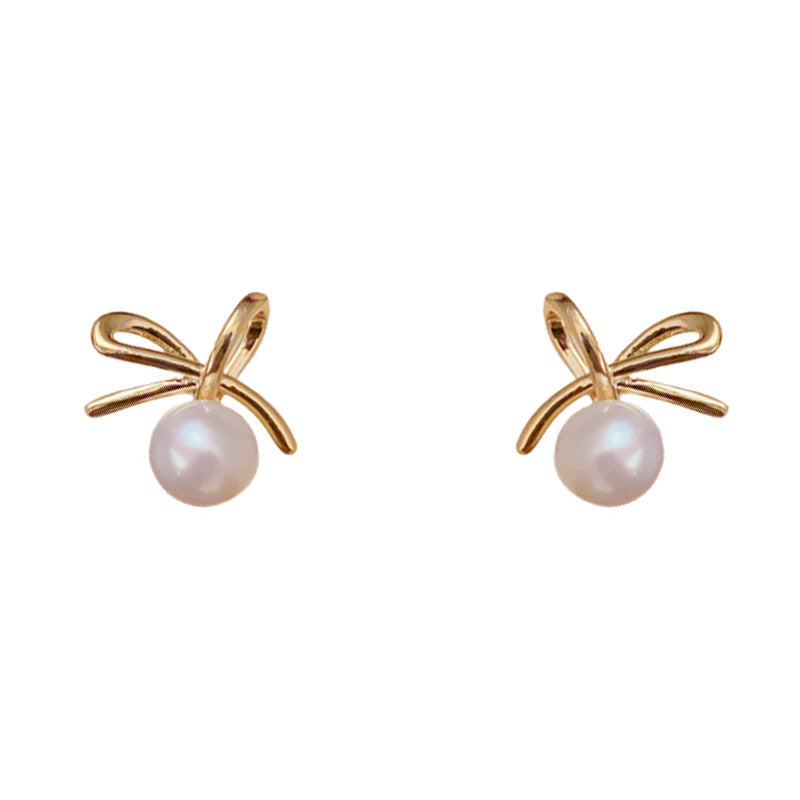 Elegant Bow & Freshwater Pearl Stud Earrings – Silver Needle Design