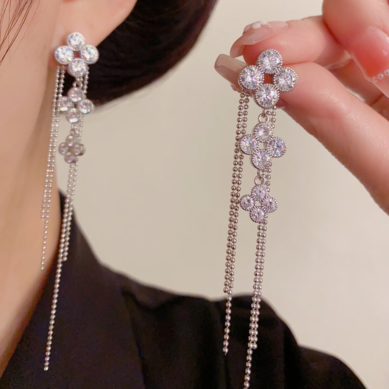 Luxury Four-Leaf Flower Long Tassel Drop Earrings – Sparkle Design