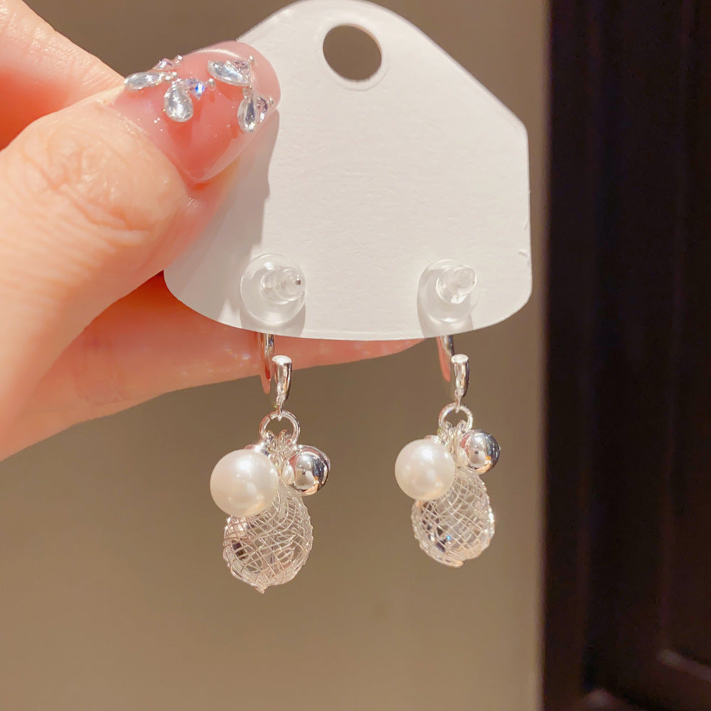 Eaioncol Grid Pearl CZ C Hoop Drop Earrings Gold Silver