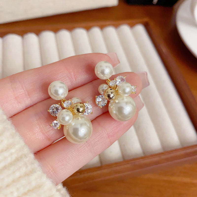 Elegant Zircon Metal Pearl Ball Hoop Earrings – French Gentle Design